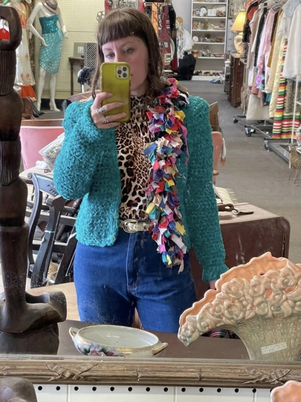 Vintage 80s Teal Multicolor Stretch Knit Unique Artsy Cardigan Sweater S/M - Picture 10 of 10